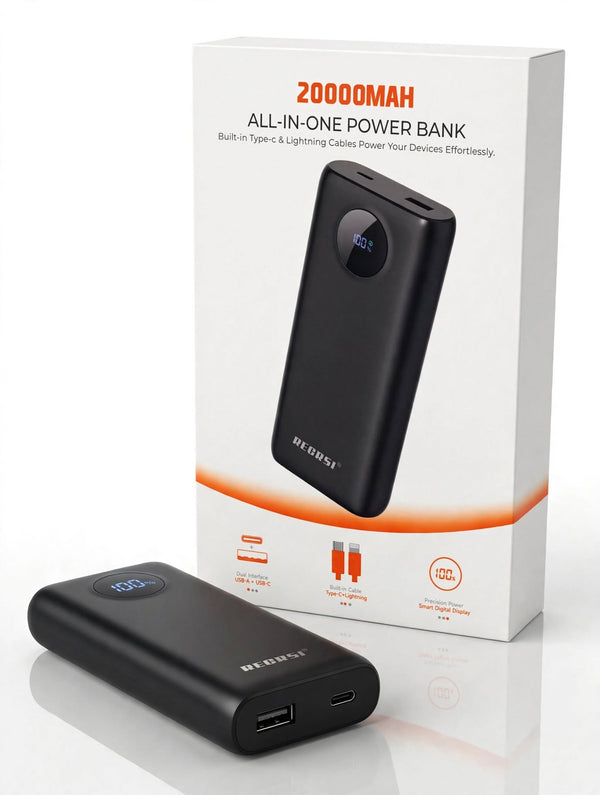 REGRSI 20000mAh Power Bank with Built-in Type-C & Lightning Cables and Digital Display