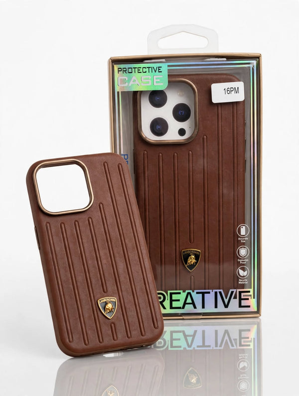 Luxury Ribbed Leather-Look Case with Metal Emblem for iPhone 13 to 18 Pro Max