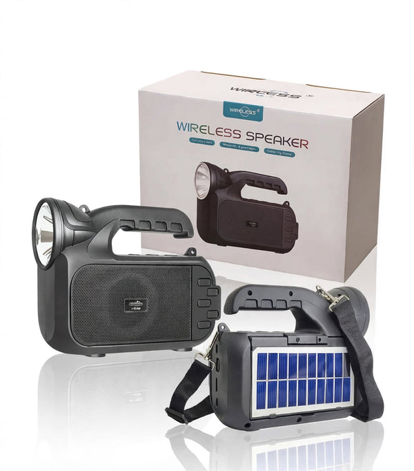 Portable Wireless Speaker with Solar Panel, LED Spotlight Flashlight and Shoulder Strap