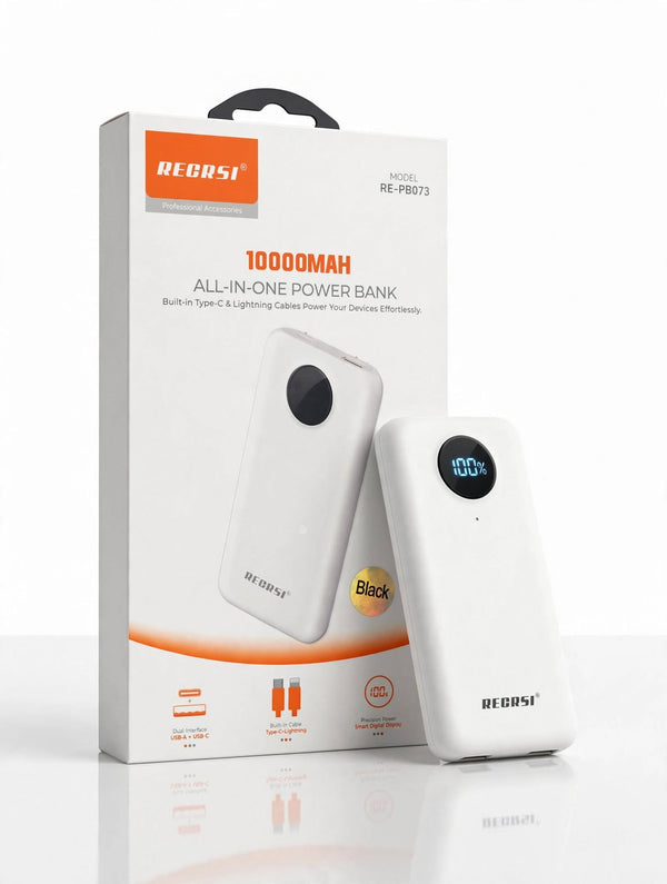 RECRSI RE-PB073 10000mAh Power Bank with Built-in Type-C & Lightning Cables