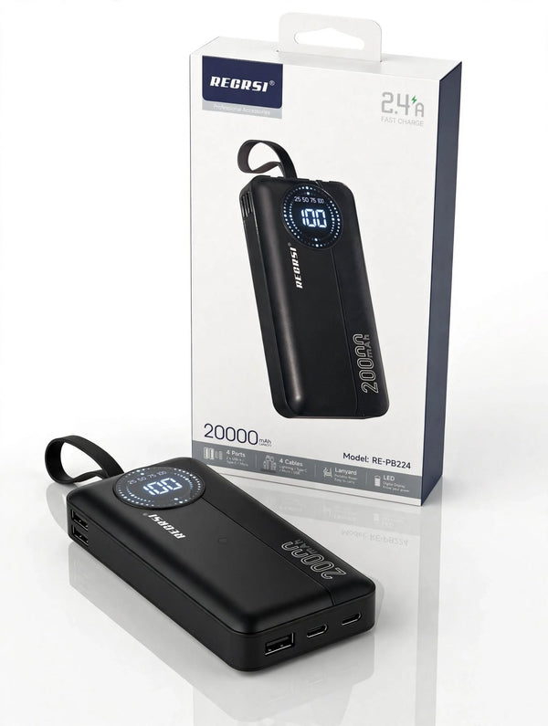 RECRSI RE-PB224 20000mAh Power Bank with 4 Built-in Cables, 2.4A Fast Charge and LED Display