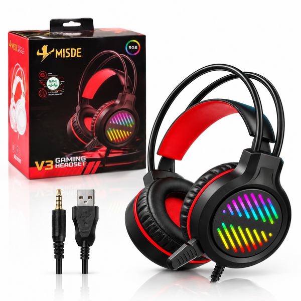 MISDE V3 Wired Gaming Headset with Mic and RGB Lights, 3.5mm Plug and USB
